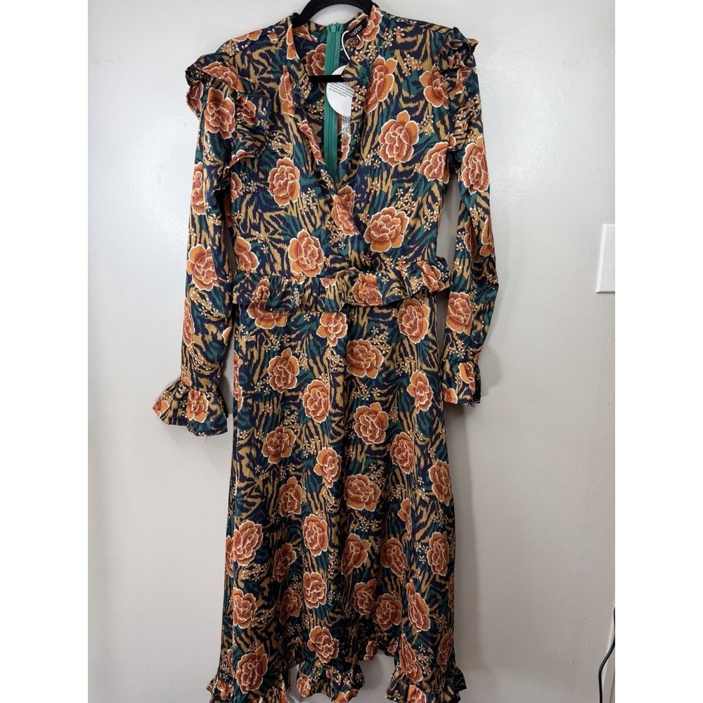 NWT Boohoo Tiger Print/Floral Teal Ruffled Sleeve Dress Size 8‎